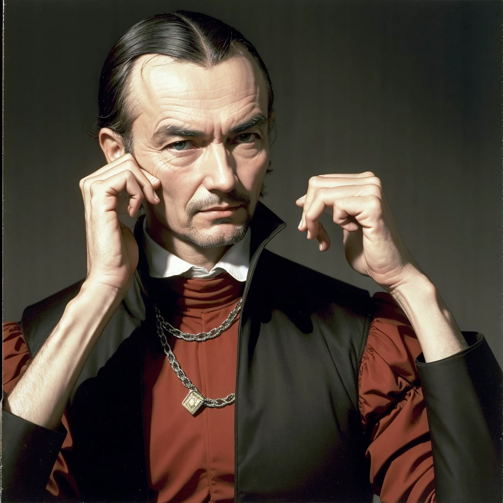 ((best qualityer)), ((realisitic)), (Manipulating), create Machiavelli with hands crossed with index fingers up, background escuro 