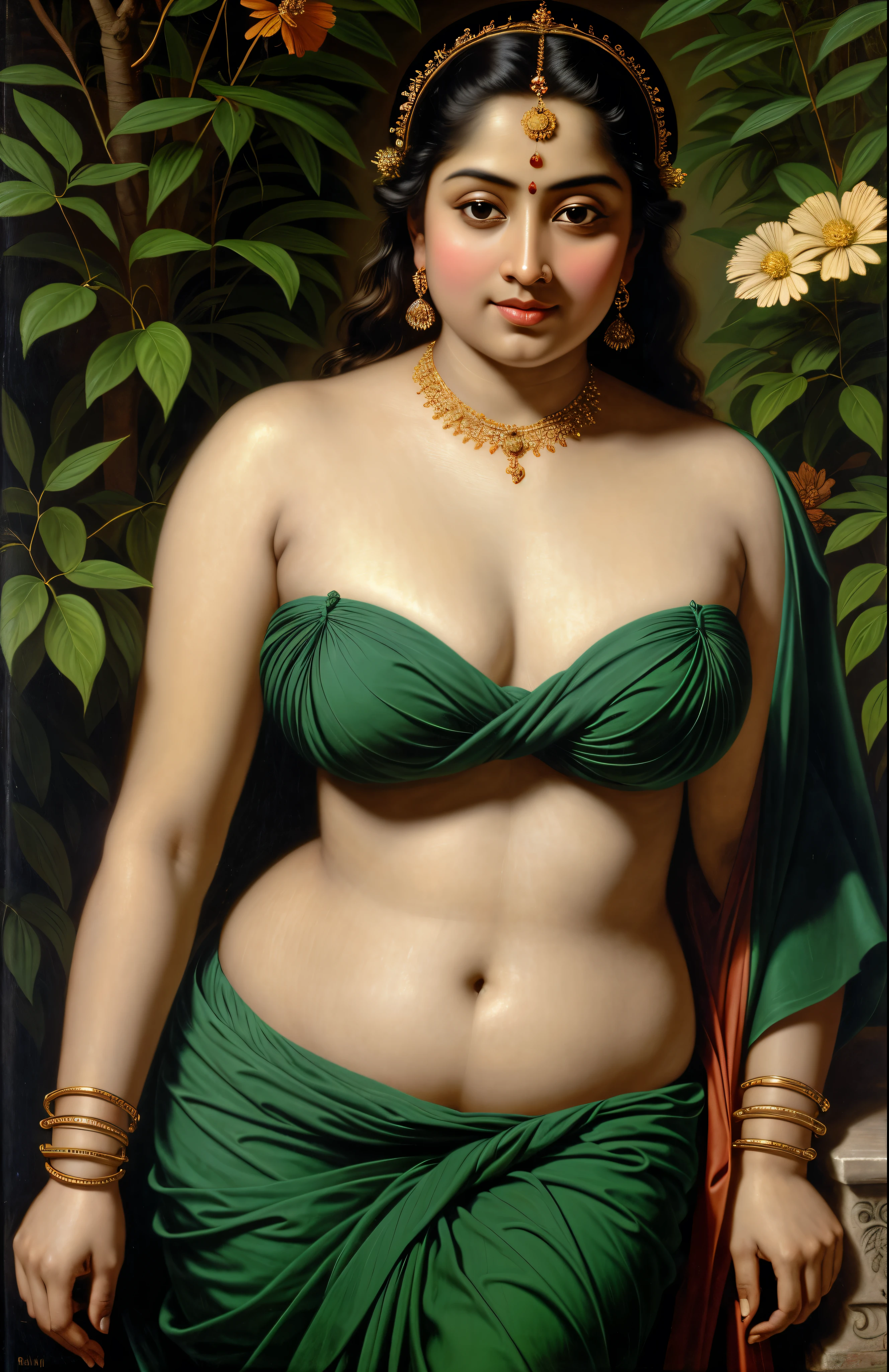 Looks like Gargi Roy Chowdhury, Beautiful Indian Woman, wearing saree, sari Beauty, gorgeous, curvy, sexy navel folds, Apsara, Maharani, royal queen woman, nymph from Hindu Mythology, Urvashi, matchless beauty, Highly detailed, Oil Painting by Peter Paul Rubens inspired by Raja Ravi Varma, Matchless beauty, captivating, gorgeous, heavenly beauty, celestial beauty, by Peter Paul Rubens, 13, realistic, hyper realistic, micro details, incredible artwork, insane details, ultra High resolution, 8k, 32k, acrylic on canvas, intricate, flawless, detailed, detailed face, detailed eyes, masterpiece, by Peter Paul Rubens, by Caravaggio, by William Adolphe bouguereau, perfect face, perfect body, beautiful art, realism, baroque, renaissance Art, highly textured, beautiful and detailed eyes, uhd, best quality,
