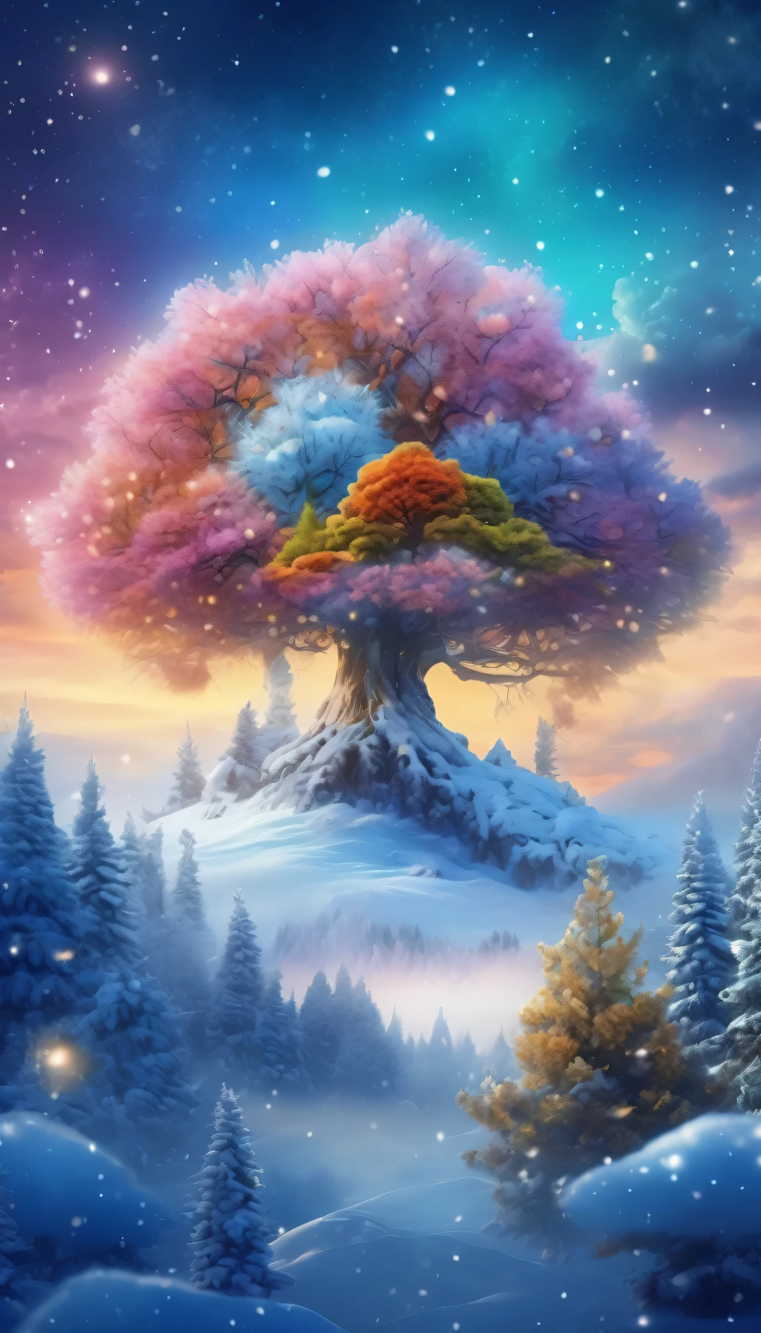 Winter landscape,Surreal Wonderland,A fairy island floating in dreamy clouds and mist,Colorful snow is falling,The Tree of Life blooms with infinite vitality,Stars shining in the night sky,Overlapping clouds and fog,whimsical fantasy landscape art, Beautiful Art UHD 4K, Highly detailed digital art in 4K, Beautifully detailed fantasy, Epic dreamy fantasy landscape, Mysterious and fantastic landscapes, Magic fantasy is highly detailed, Magical Landscapes, Configured , A fairy island of snow and fantasy, Detailed fantasy digital art, 4K Detailed Digital Art