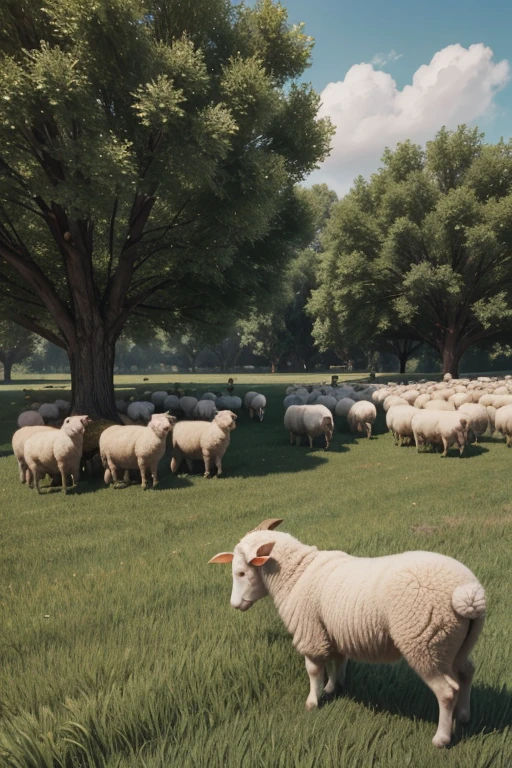 A shepherd tending his sheep in a green field) 3d pixel disney drawing