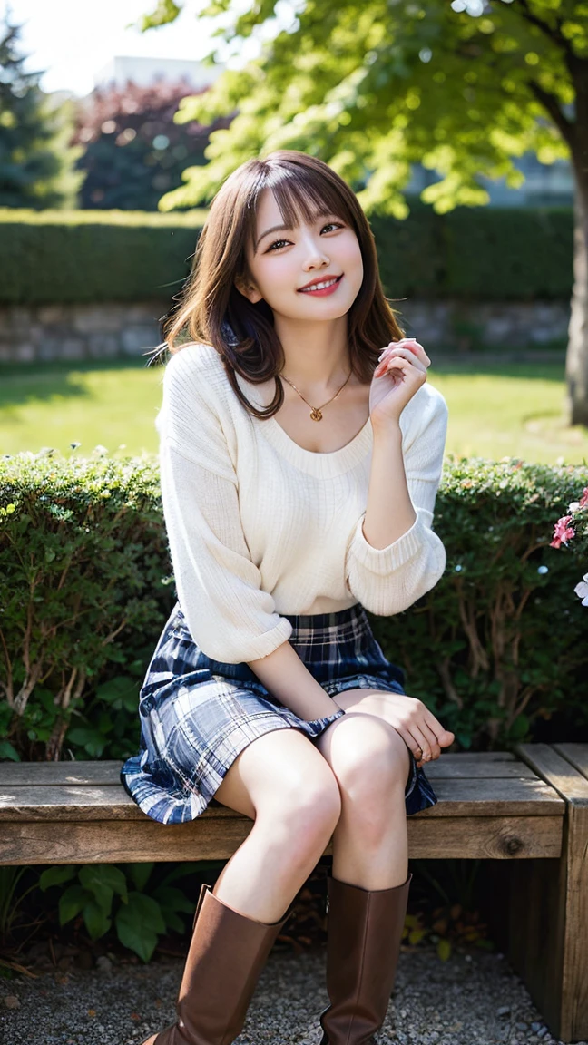 highest quality, masterpiece, 8K, ultra high resolution, (realistic: 1.4), beautiful face, symmetrical eyes, European, white hair, smile, wearing makeup, high-definition images, atmospheric perspective, super detail, accurate, best quality, an European lady, drooping eyes, sleepy face, blush, skirt, high boots, necklace, is sitting on a wooden bench, surrounded by blooming flowers. She’s holding a small potted plant in her hands, looking at it with a shy, happy smile. She’s dressed in a light, casual outfit, perfect for a relaxing afternoon in the garden. The sun is setting, casting a warm glow over the scene.
