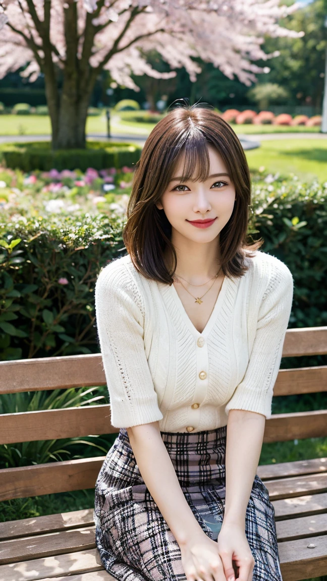 highest quality, masterpiece, 8K, ultra high resolution, (realistic: 1.4), beautiful face, symmetrical eyes, European, white hair, smile, wearing makeup, high-definition images, atmospheric perspective, super detail, accurate, best quality, an European lady, drooping eyes, sleepy face, blush, skirt, high boots, necklace, is sitting on a wooden bench, surrounded by blooming flowers. She’s holding a small potted plant in her hands, looking at it with a shy, happy smile. She’s dressed in a light, casual outfit, perfect for a relaxing afternoon in the garden. The sun is setting, casting a warm glow over the scene.