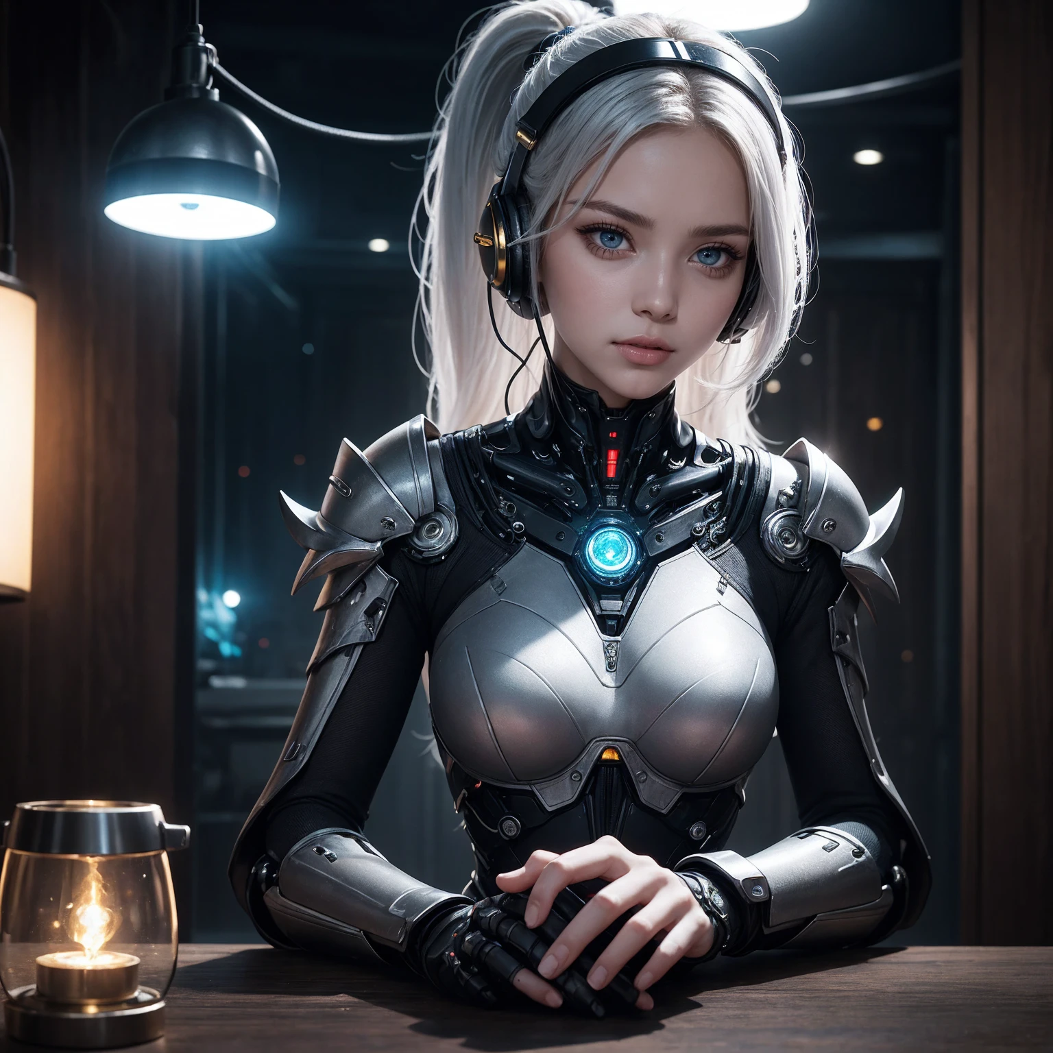 Stock Quote Mechanism, beautiful eyes, Upper Body, (Mechanical Armor), portrait、abyss、Shoot with a wide-angle lens,Lightning in kaleidoscope hand、Flying through the air、Flawless、Neon, 8K, Raw, best quality, On the table, Ultra-high resolution, rich and colorful, (Medium wide angle lens), (Dynamic perspective), Sharp focus , (Depth of Field, Bokeh:1.3), Extremely detailed eyes and face,Ninja Master, Beautiful and delicate eyelashes gold, Trimming gears:1.2), ((On the table, best quality)), Detailed background, Spacecraft interior、Hold your weapon、(White hair)、blue eyes、Ponytail、dirty、Bioluminescence、many new moons、Shot with Canon R5、Dark Fantasy,masterpiece,Connected to plug、spectrum、Space City、HVery detailed beautiful porcelain profile female android face、Complex 3D rendering of headphones、robot、Component、150 mm、Beautiful Studio Soft Lights、Rim Light、Vivid details、Luxury Cyberpunk、Ren Hao、Hyper-realistic main section、Facial muscles、Cable microchip、elegant、Beautiful background、Get down on one knee、Octan Rendering、HR Giger style、8K、Top quality、masterpiece、Implications、Extremely refined、Very detailed、nffsw ,Unite ,wall-,Gorgeous, Attention to detail, masterpiece,Top quality,Official Art,HVery detailed ticker Unite 8K wallpapers、、Silver beads