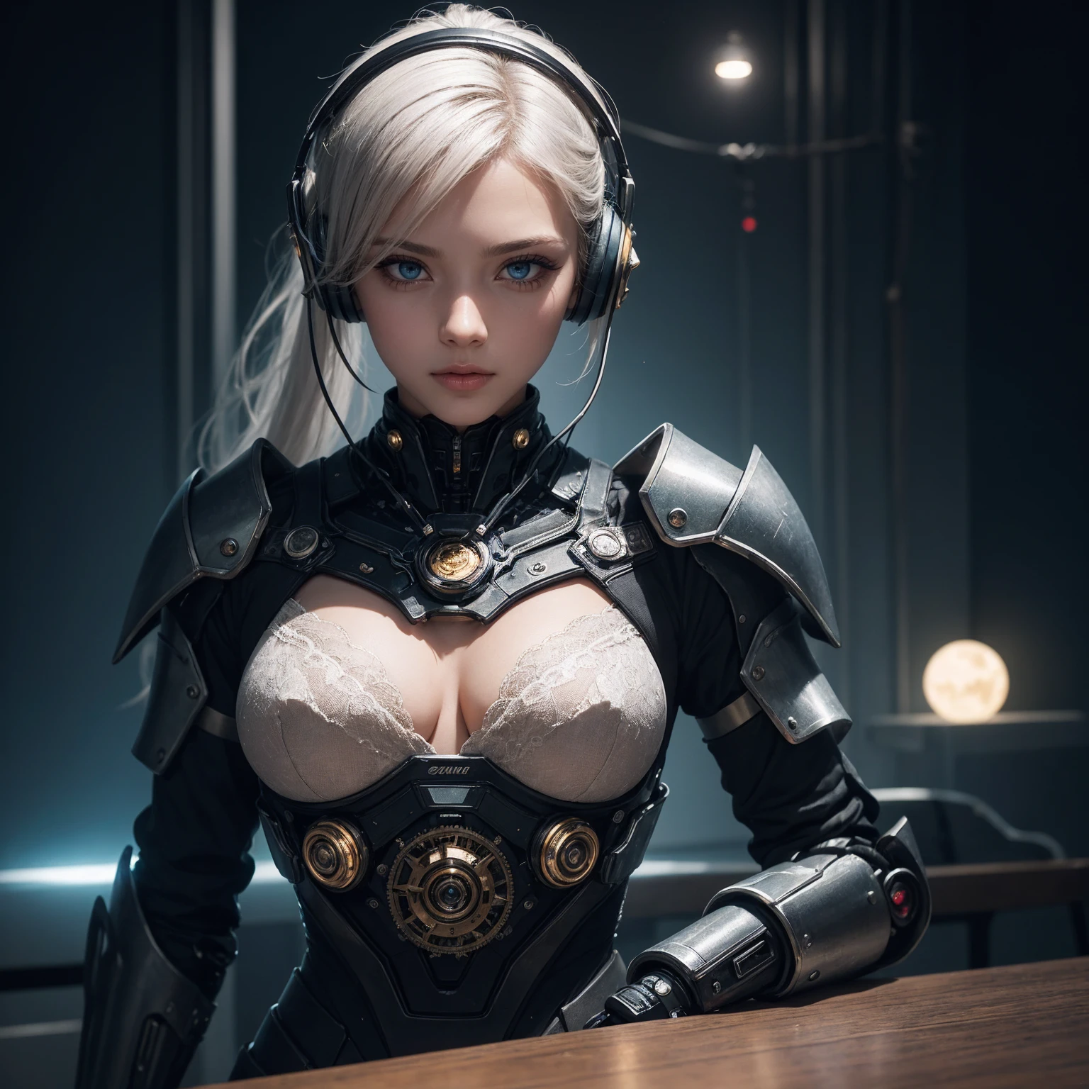 Stock Quote Mechanism, beautiful eyes, Upper Body, (Mechanical Armor), portrait、abyss、Shoot with a wide-angle lens,Lightning in kaleidoscope hand、Flying through the air、Flawless、Neon, 8K, Raw, best quality, On the table, Ultra-high resolution, rich and colorful, (Medium wide angle lens), (Dynamic perspective), Sharp focus , (Depth of Field, Bokeh:1.3), Extremely detailed eyes and face,Ninja Master, Beautiful and delicate eyelashes gold, Trimming gears:1.2), ((On the table, best quality)), Detailed background, Spacecraft interior、Hold your weapon、(White hair)、blue eyes、Ponytail、dirty、Bioluminescence、many new moons、Shot with Canon R5、Dark Fantasy,masterpiece,Connected to plug、spectrum、Space City、HVery detailed beautiful porcelain profile female android face、Complex 3D rendering of headphones、robot、Component、150 mm、Beautiful Studio Soft Lights、Rim Light、Vivid details、Luxury Cyberpunk、Ren Hao、Hyper-realistic main section、Facial muscles、Cable microchip、elegant、Beautiful background、Get down on one knee、Octan Rendering、HR Giger style、8K、Top quality、masterpiece、Implications、Extremely refined、Very detailed、nffsw ,Unite ,wall-,Gorgeous, Attention to detail, masterpiece,Top quality,Official Art,HVery detailed ticker Unite 8K wallpapers、、Silver beads