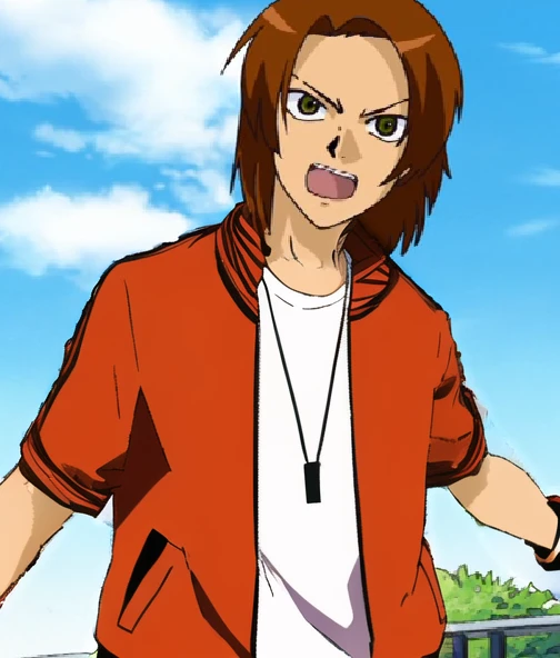 Red jaket with a black shirt,