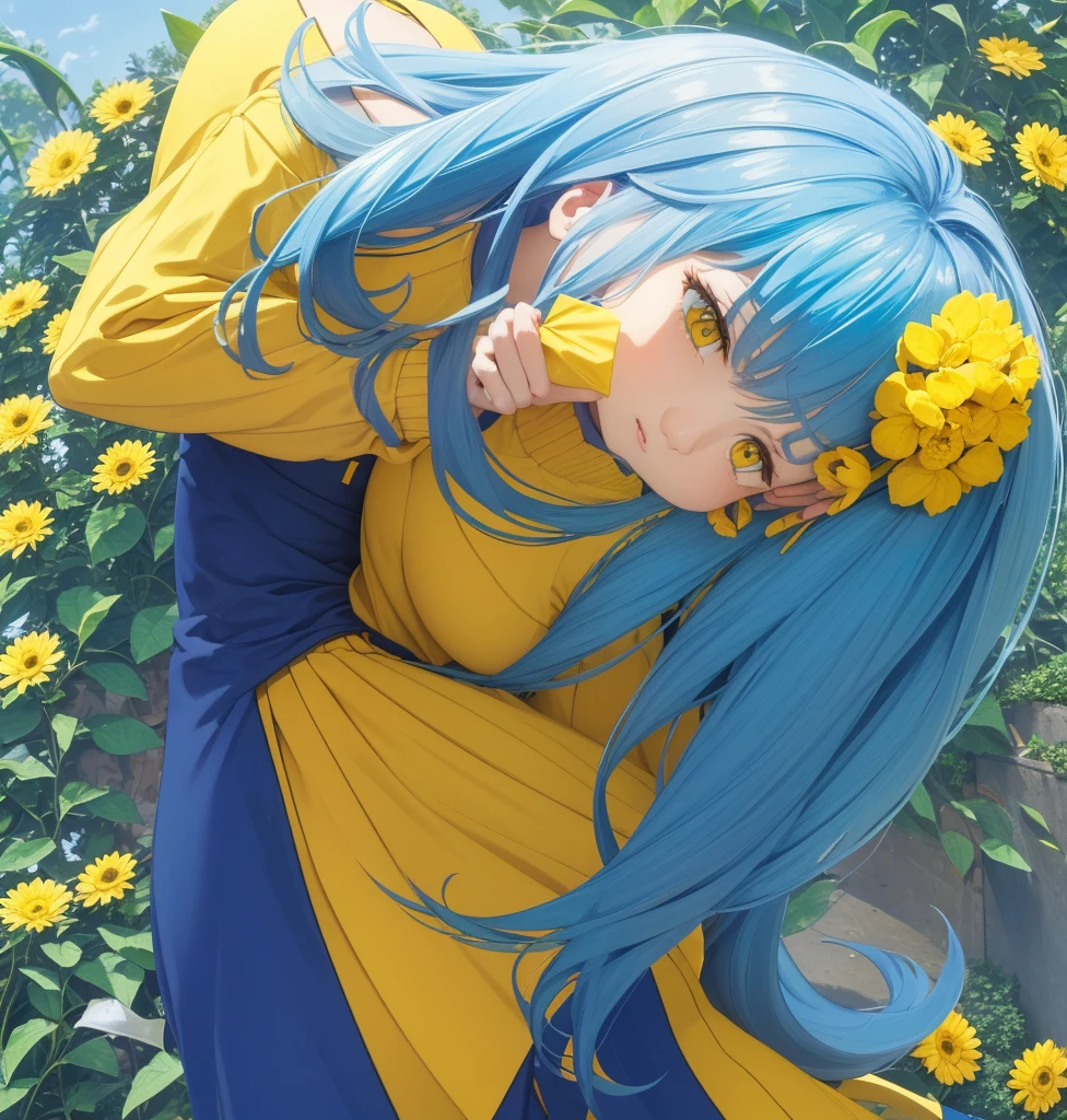 European girl with long blue hair, prominent yellow eyes, yellow clothes with blue, long blue skirt with yellow horizontal striped pattern, blue and yellow blouse, daring face, two solid color background (blue and yellow) The girl has a yellow flower in her hand which she is smelling., The girl is on her back showing the profile of her face smelling the yellow flower, From behind she has a bare back and shorts that reach her knees and are tight and shiny., the girl has a slim build