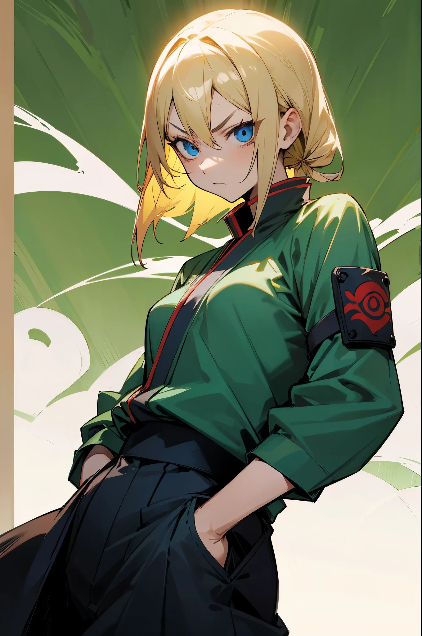 demon slayer outfit, female, blonde hair,ninja mask cover mouth, forest background, blue eyes, has kunais on their hip, facing towards camera, arms in pockets, serious face,