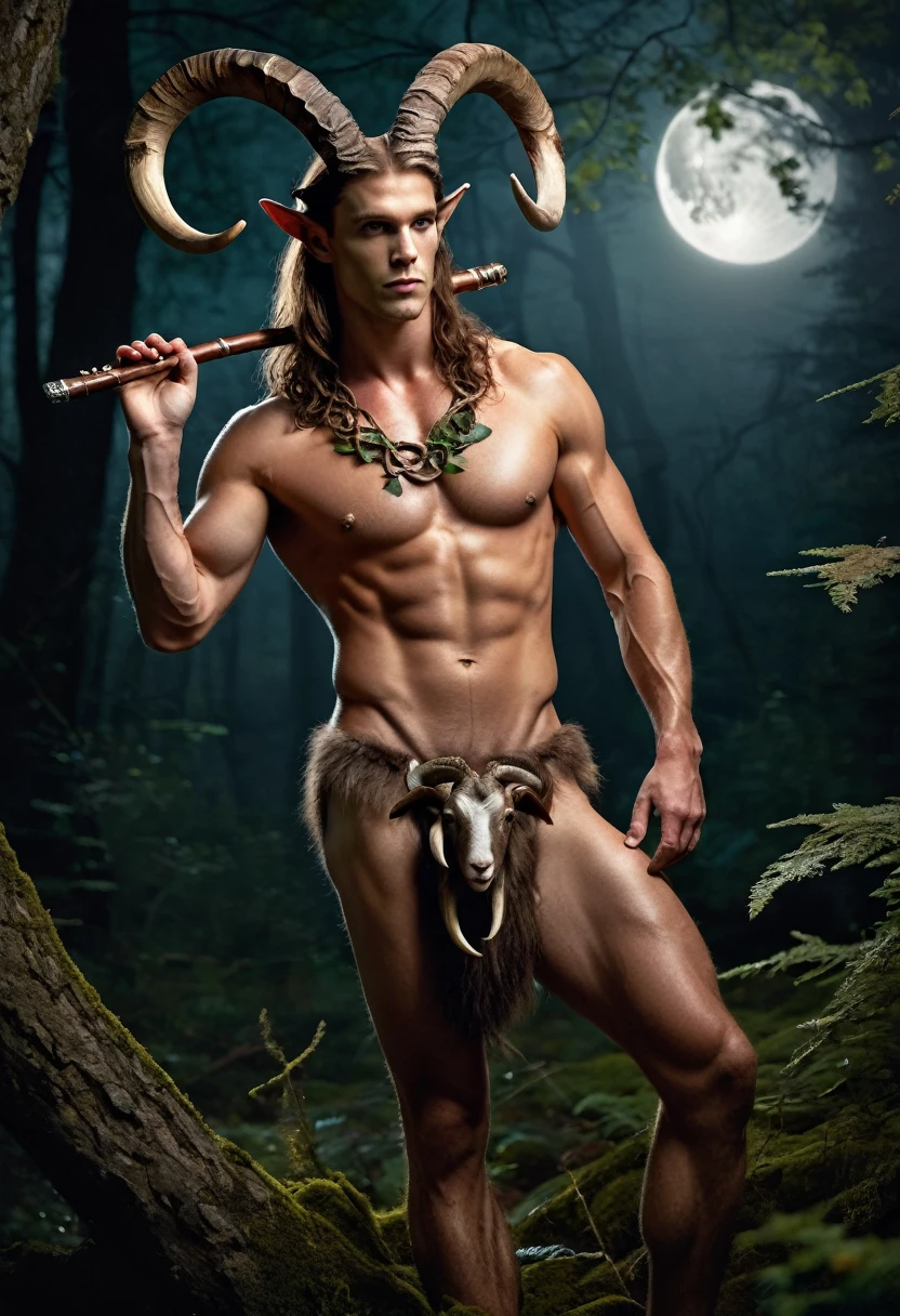 Faun, no clothing, holding a flute, velues, Wearing a wreath, rectangular face with goat features, long brown hair, complainant, defined jaw, in a forest at night, moon light, muscled body, horns on head, Celtic mythology, six pack abs, goat legs, brown hair all over the body, amber eyes, friendly and sweet look, near a bonfire, sexly, appealing, dreamcore, dark fantasy, photography realistic, Erotic, magical atmosphere.