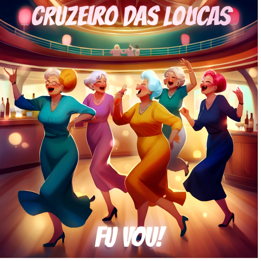 Five 60 year old women dancing drinking and having fun on a cruise 