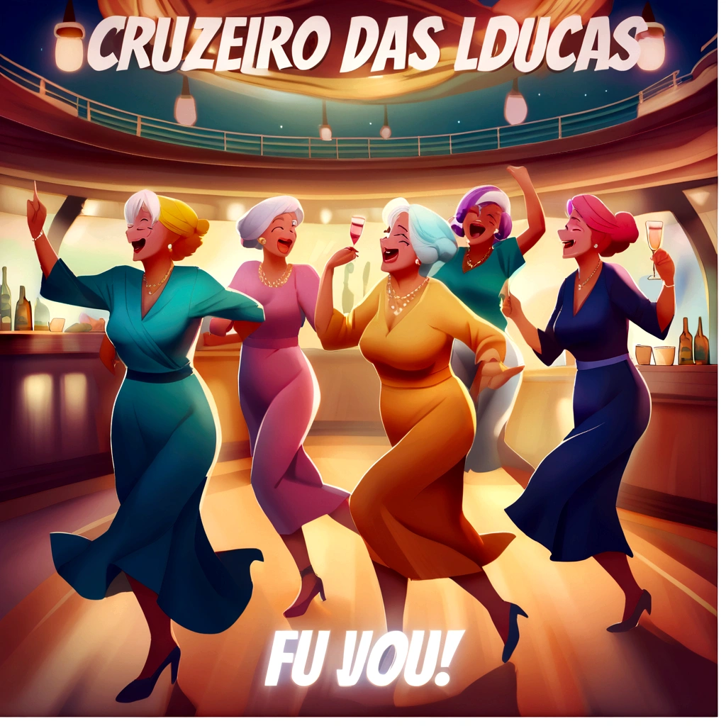 Five 60 year old women dancing drinking and having fun on a cruise