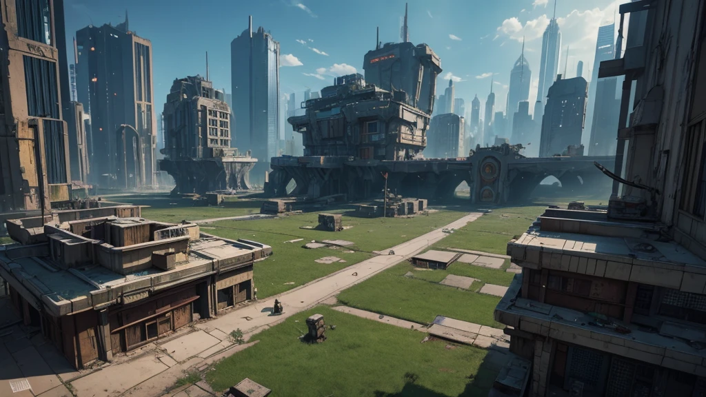 Generate an RPG battle map that is in a futuristic city. on the outskirts of the city, as if it were abandoned.