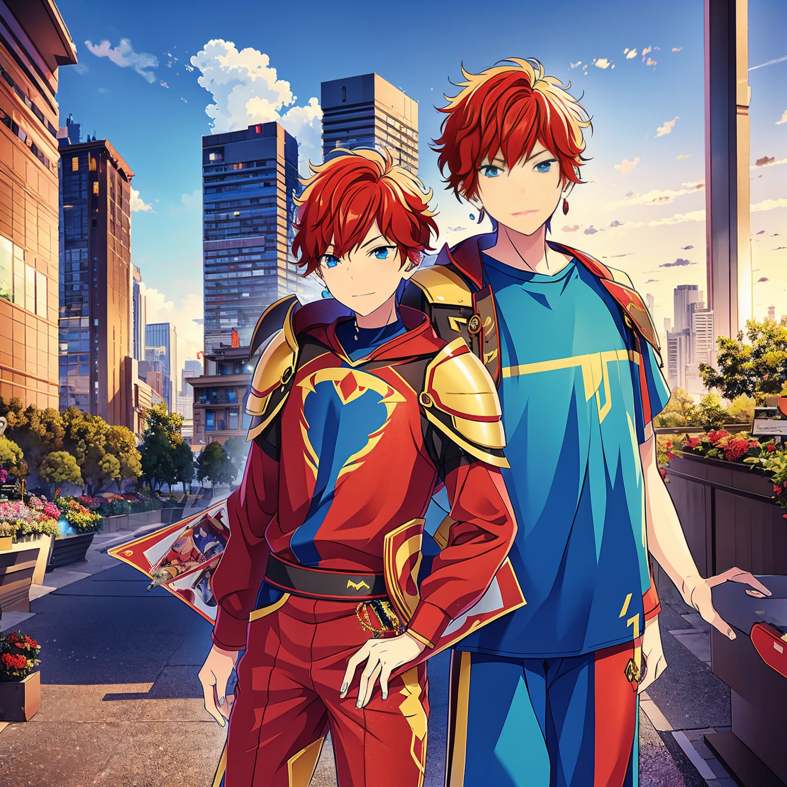 work of art, アニメ, a boy, Red hair, blue colored eyes, red knight armor, heavy armor, posture would be, city in the background, No hero, 15year old, natta, closed sky, chest armor, focus from the waist up, avoid hands in the image, No hands, heroic smile, a knight, simétria.