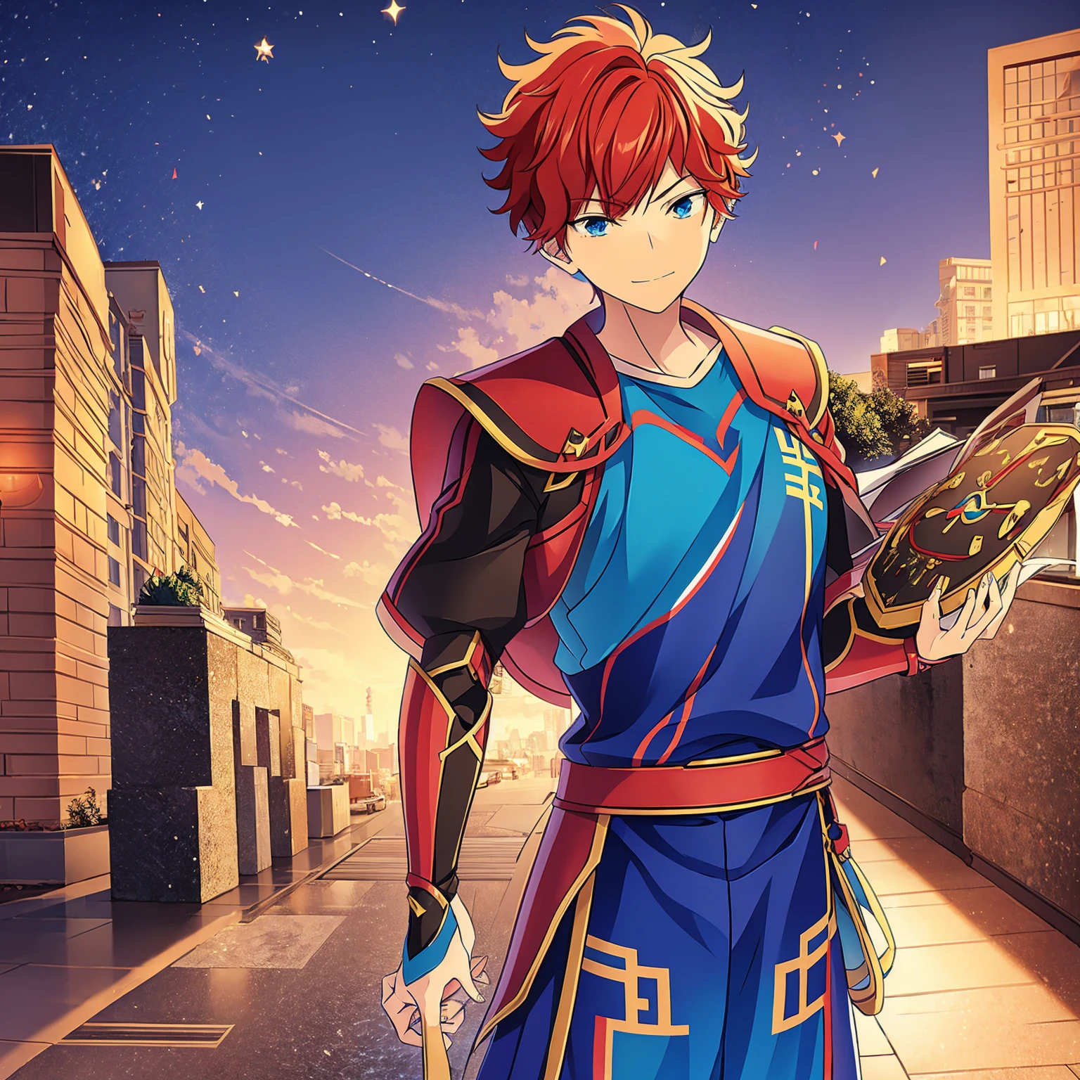 work of art, アニメ, a boy, Red hair, blue colored eyes, red knight armor, heavy armor, posture would be, city in the background, No hero, 15year old, natta, closed sky, chest armor, focus from the waist up, avoid hands in the image, No hands, heroic smile, a knight, simétria.