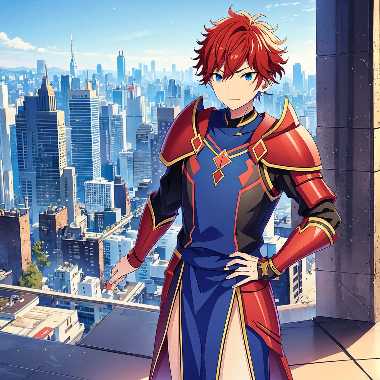 work of art, アニメ, a boy, Red hair, blue colored eyes, red knight armor, heavy armor, posture would be, city in the background, No hero, 15year old, natta, closed sky, chest armor, focus from the waist up, avoid hands in the image, No hands, heroic smile, a knight, simétria.