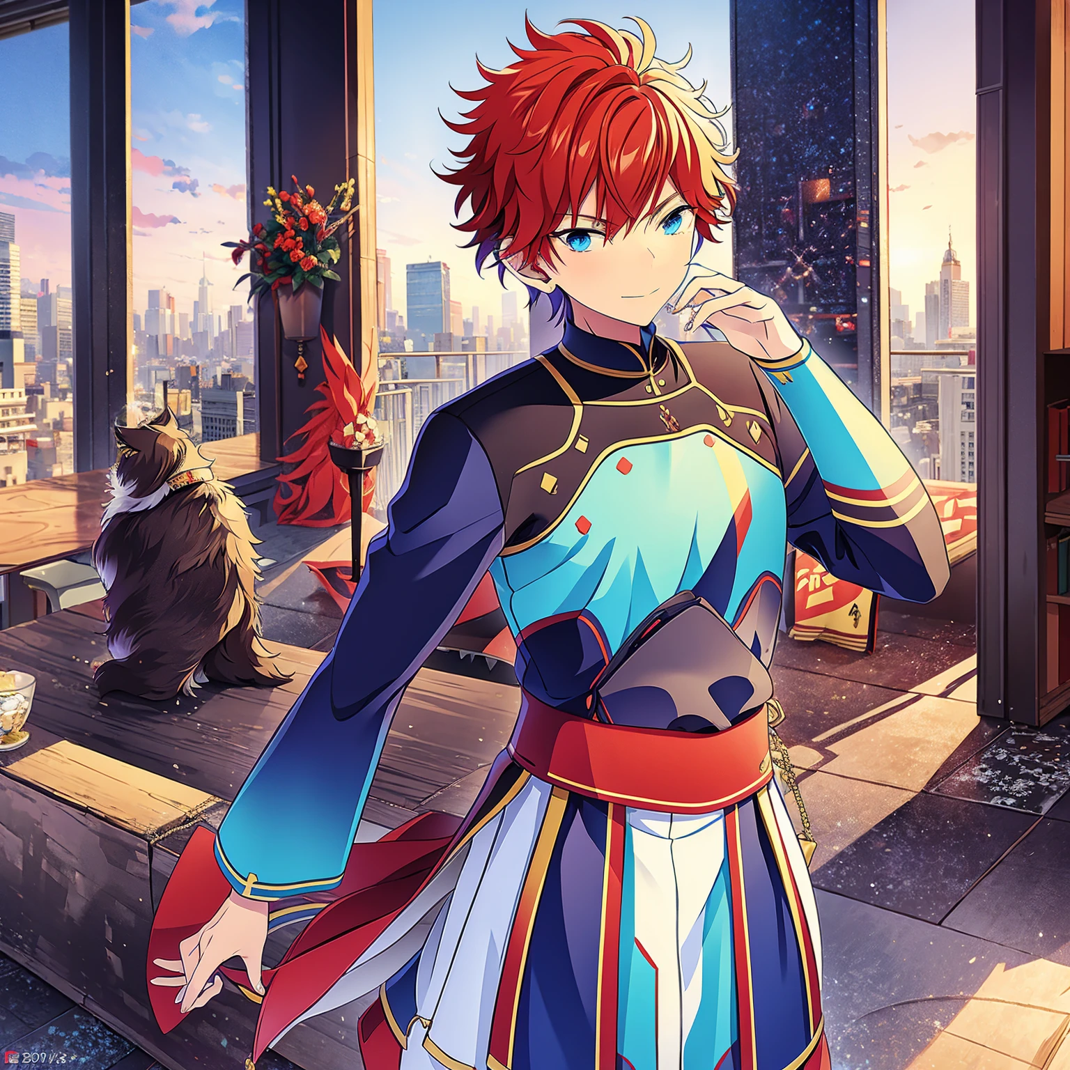 work of art, アニメ, a boy, Red hair, blue colored eyes, red knight armor, heavy armor, posture would be, city in the background, No hero, 15year old, natta, closed sky, chest armor, focus from the waist up, avoid hands in the image, No hands, heroic smile, a knight, simétria.