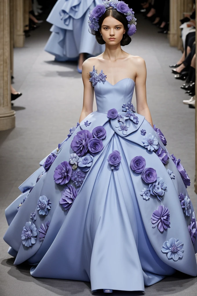 ful dressed, haute couture, flowers, Alexander McQueen, baby blue, Purple,