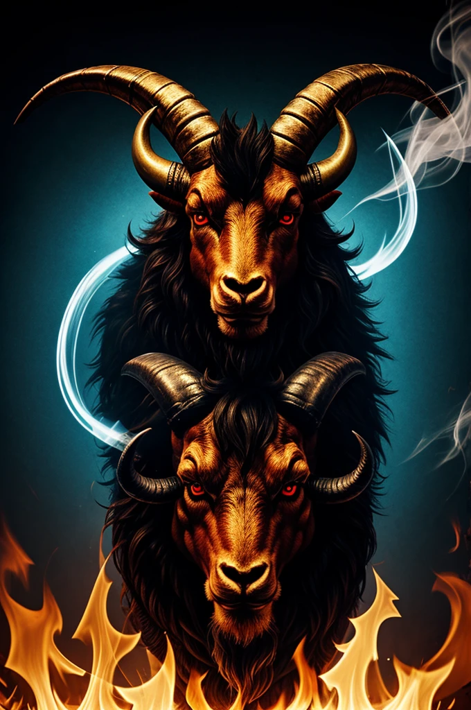 Rams head, baphomet ,3 eyed , 4 horns , snarling, smoke, dynamic movement, neo traditional,