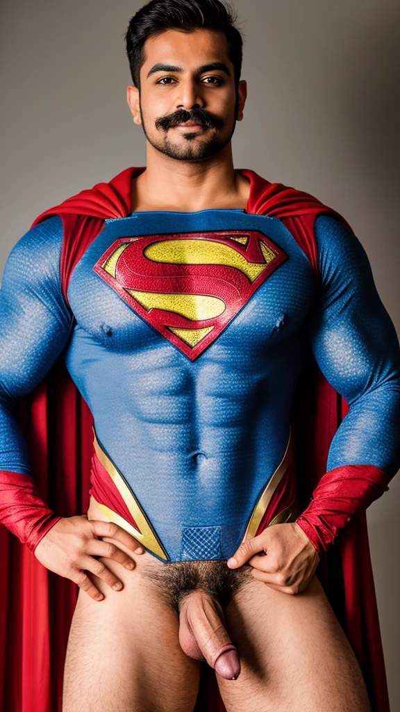 A base model of a sexy indian man wearing a superman costume, homoerotic, nsfw , handsome face, detailed eyes ,(penis),head to thighs on focus, ,pubic hair , bookeh, masterpiece , posing for photo shoot , moustache