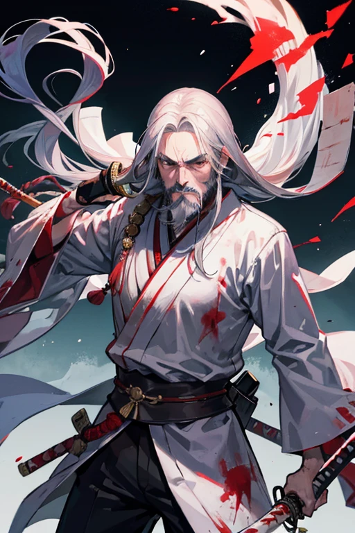 elder man, japanese swordsman, holding Katana, silver long hair, on the sea, blood eyes, beard, wrinkles, blood cothe, Raise your sword