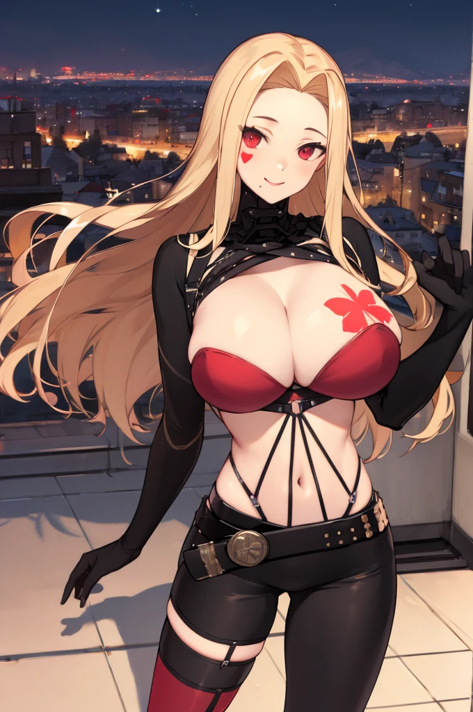 masterpiece, best quality, highres, aaluis, long hair, facial mark, mole under mouth, cleavage, breast tattoo, shrug (clothing), red bra, o-ring, long sleeves, black gloves, midriff, black belt, black pants, asymmetrical legwear, red thighhighs, smile, night, standing. cowboy shot, rooftop, city,huge breasts