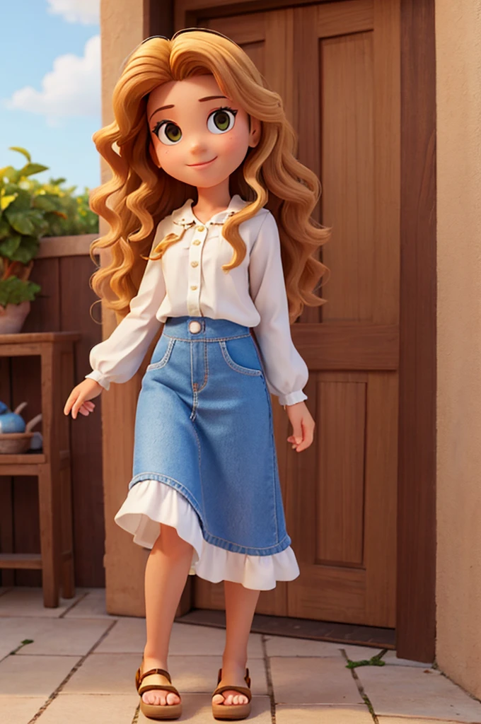 A young Brazilian woman, Disney Pixar style drawing, with long curly blonde and brown hair, wearing a white blouse and looking directly at the camera with a slight smile.