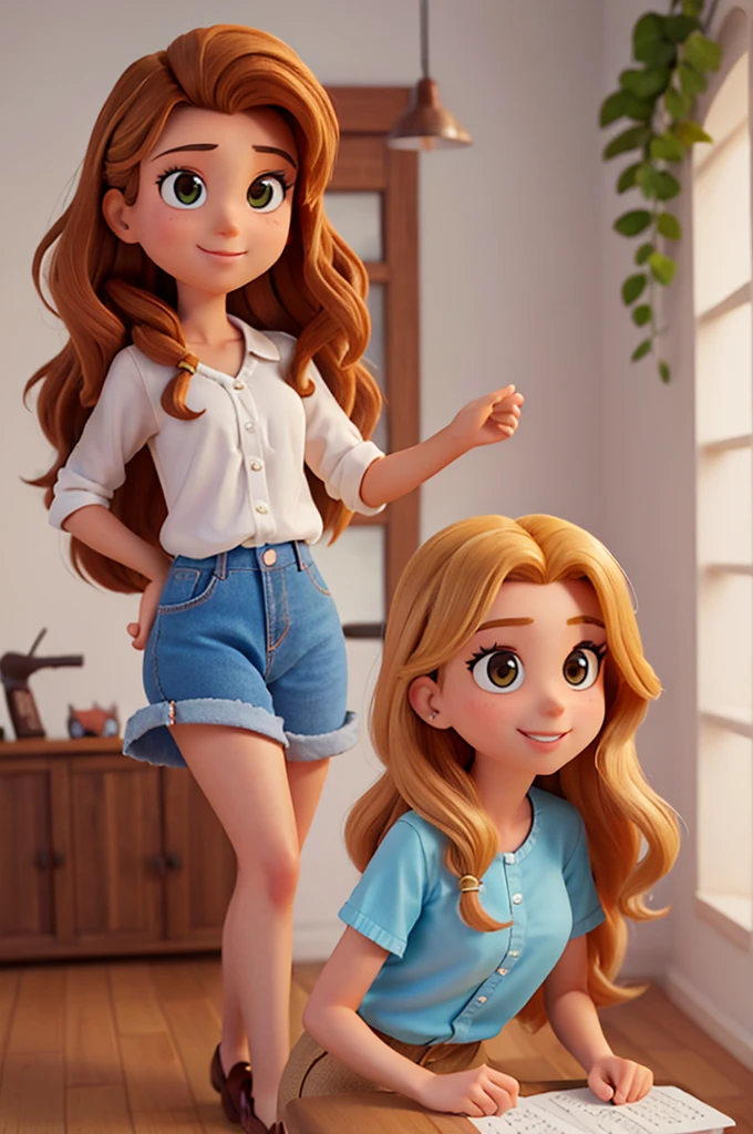 A young Brazilian woman, Disney Pixar style drawing, with long curly blonde and brown hair, wearing a white blouse and looking directly at the camera with a slight smile.