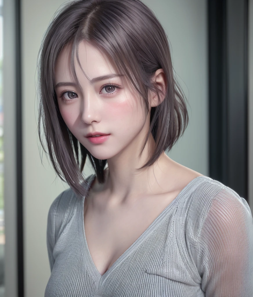 (8K, Photorealistic, Raw photo, of the highest quality: 1.3), (1girl in), Super beautiful, (Realistic face), (boyish, Silver Color Berry Shorthair), Beautiful , Glare that captivates the viewer, Beautiful expression, Beautiful breasts, (Realistic skin), Be...