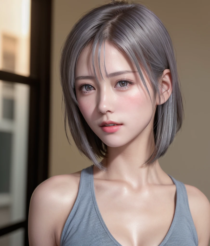 (8K, Photorealistic, Raw photo, of the highest quality: 1.3), (1girl in), Super beautiful, (Realistic face), (boyish, Silver Color Berry Shorthair), Beautiful , Glare that captivates the viewer, Beautiful expression, Beautiful breasts, (Realistic skin), Be...