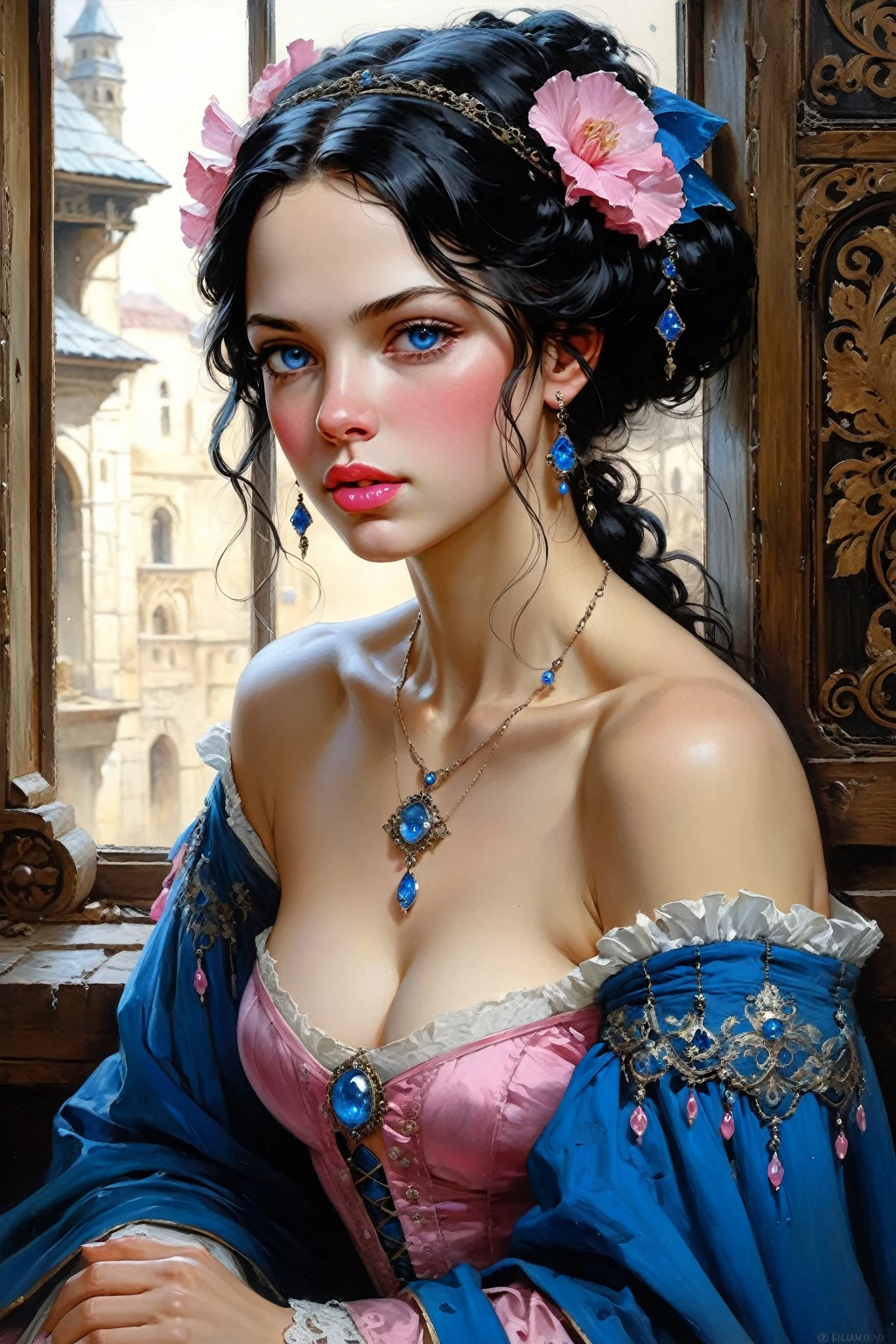 Victorian Hungarian women Women of the 14th century, Black hair, Pink lips, Nice feature, Wadim Kashin, james gurney, ink, Splash Art", Amazing beauty , Royo, after ing, Super detailed splash art modern European oil ink painting, Mid Gorgeous chests, Gorgeous Body, oil painting, very detailed Bright Diamond Blue eyes, Blush, Greg Rutowski.