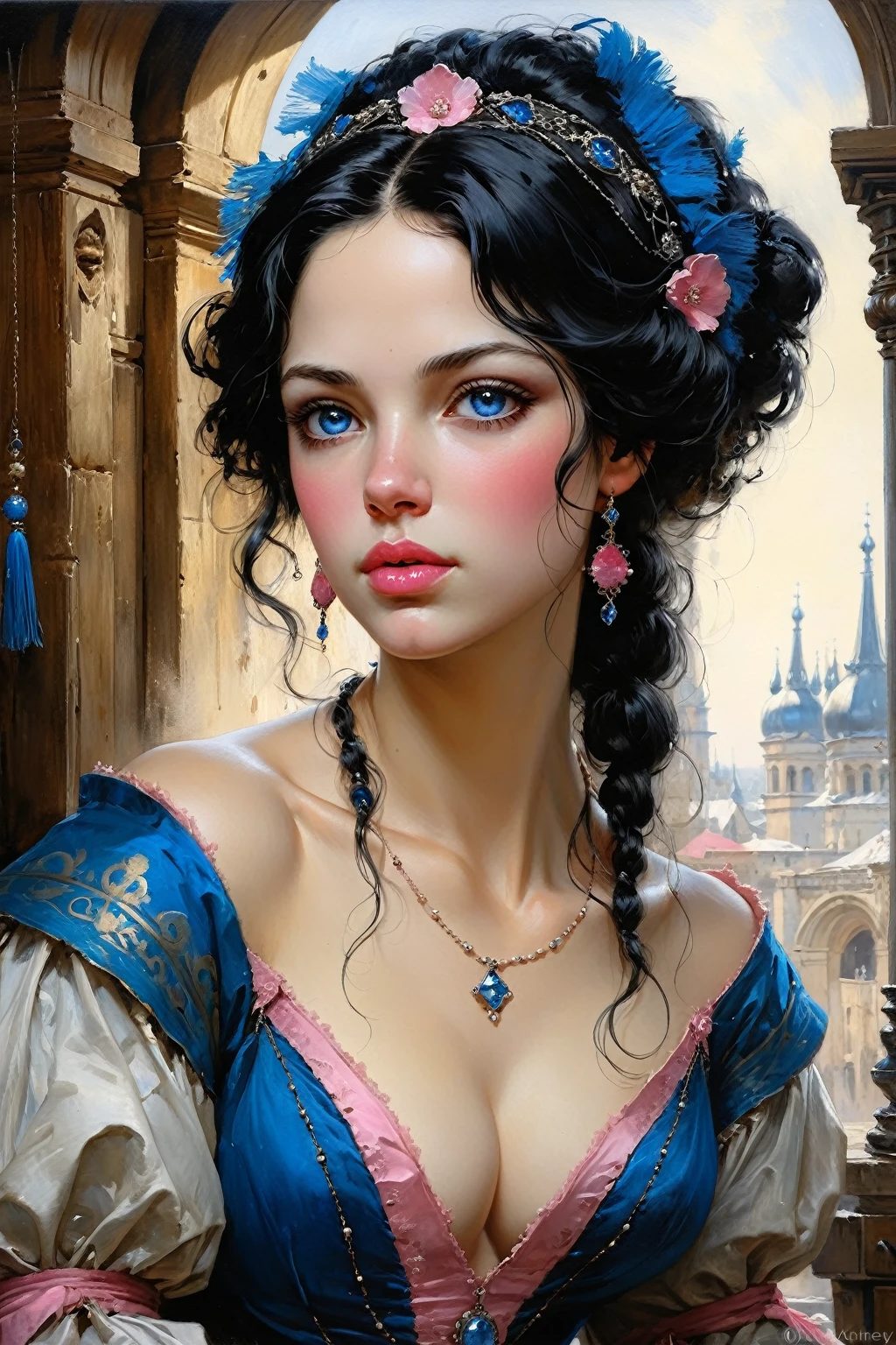 Victorian Hungarian women Women of the 14th century, Black hair, Pink lips, Nice feature, Wadim Kashin, james gurney, ink, Splash Art", Amazing beauty , Royo, after sexing, Super detailed splash art modern European oil ink painting, Mid Gorgeous chests, Gorgeous Body, oil painting, very detailed Bright Diamond Blue eyes, Blush, Greg Rutowski.