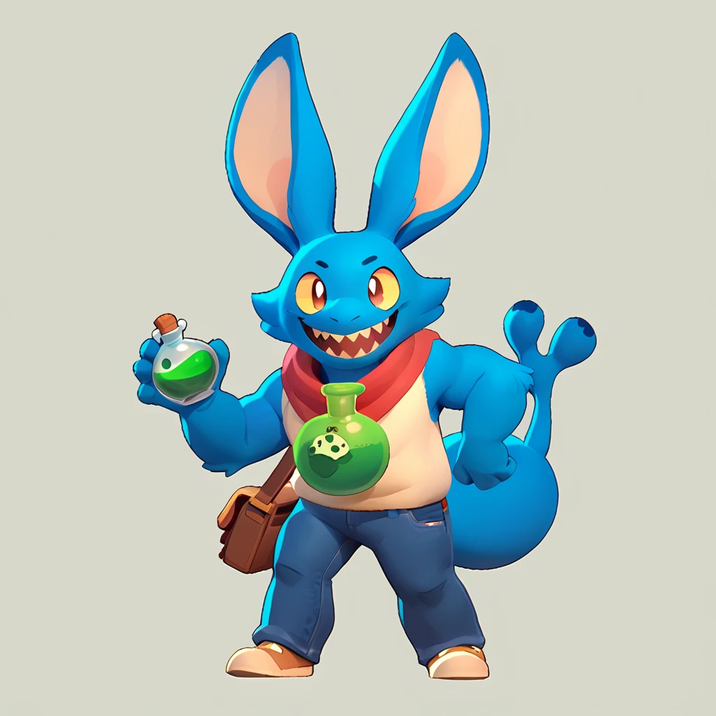 Full body view from a round creature with blue fur, male, long ears, smiling, sharp teeth, wearing jeans, friendly round creature, holding a green potion in his hand, in idle pose 