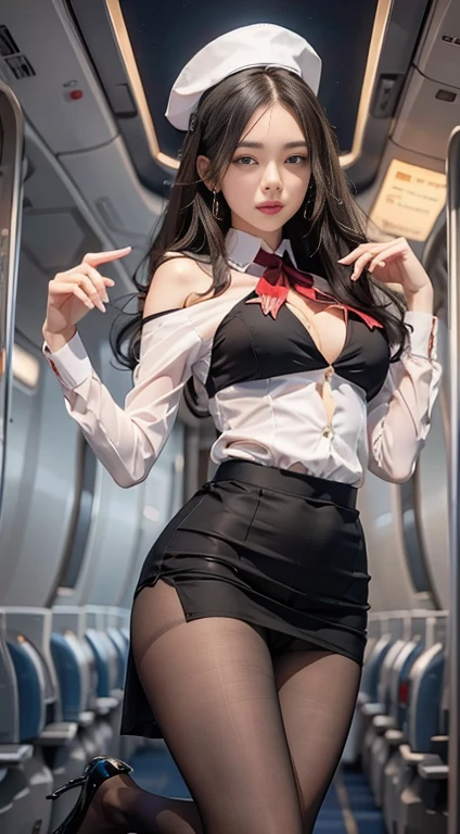 （From the outside） ， Many colors，Highest quality，8K，real photography，Subtle skin details，masterpiece，Photo Real，Intricate details，RAW Photos,smile，Floral，stewardess，socks,Very long hair，Cropped shoulders，Delicate face，Exposing cleavage，Hainan Airlines，Flight attendant professional attire，Skirt，Decorated，Perfect Fingers，The anatomy is correct，(large room，0.8)，Big Cubbie Hips，Glossy Skin，Shooting from the front
(Tabletop), Highest quality, Highest quality,  Detailed and complex, original, Esbian all over, High resolution,
(16 years old),Very detailed_eye, Sexy Breasts,
Simple diamond earrings, Detailed skin,  
nail, Beautiful fingers, 
((Flight attendant uniform)), (Black Pantyhose:1.1), Black high heels, 黒のショートSkirt制服, On the plane（(In-flight：1.2, Motion Capture)), Back view, Perfect Anatomy,Nipples、Your display ,Nipples、Nipples、Nipples、Wearing panties,