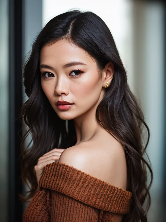 Full face portrait photo of 25 year old European girl, RAW, beautiful woman, semi-open strawberry lip, dimples, indoor suits room , wistful expression, (brown hair with extra long wavy), ((detailed face)), ((detailed facial features)), (fine detailed skin), pale skin, cyberpunk megacity environment, (cool color), moist, damp, reflection, (masterpiece(Detailed details) shot with Canon EOS R5 (Realistic Photos) (Realistic Photos) (Detail) 50mm Lens, f/2.8, HDR, (8k) (Wallpaper) (Cinematic Lighting) (Dramatic Lighting) (Sharp Focus) (Complex), RAW Photography, RAW Photography, Gigachado Photography, Camera Pose, Back Arm, 8K UHD, DSLR, High Quality, Grain Film, Fujifilm XT3, Film Stock Photo 4 Kodak Portra 400 Camera F1.6 Lens Rich colors Ultra-realistic textures Dramatic lighting Unreal Engine Art Station Trends Cinestir 800 Tungsten, Toughboy Style, Ultra Focus Face, Intimidating, Black and Long Hair, Muscles, Bursting Veins, Beads, (half-opened minimalist off shoulder tightly transparent overall sweater )),