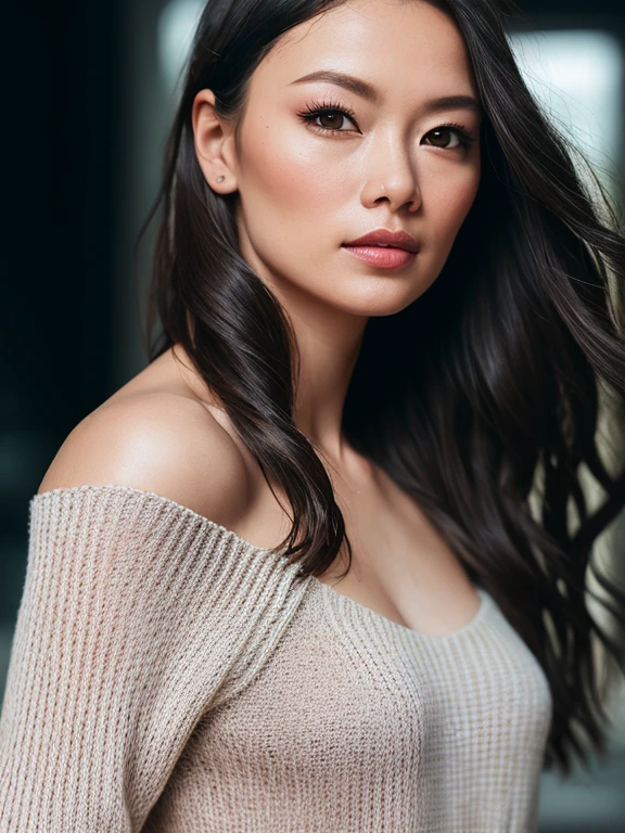 Full face portrait photo of 25 year old European girl, RAW, beautiful woman, semi-open strawberry lip, dimples, indoor suits room , wistful expression, (brown hair with extra long wavy), ((detailed face)), ((detailed facial features)), (fine detailed skin), pale skin, cyberpunk megacity environment, (cool color), moist, damp, reflection, (masterpiece(Detailed details) shot with Canon EOS R5 (Realistic Photos) (Realistic Photos) (Detail) 50mm Lens, f/2.8, HDR, (8k) (Wallpaper) (Cinematic Lighting) (Dramatic Lighting) (Sharp Focus) (Complex), RAW Photography, RAW Photography, Gigachado Photography, Camera Pose, Back Arm, 8K UHD, DSLR, High Quality, Grain Film, Fujifilm XT3, Film Stock Photo 4 Kodak Portra 400 Camera F1.6 Lens Rich colors Ultra-realistic textures Dramatic lighting Unreal Engine Art Station Trends Cinestir 800 Tungsten, Toughboy Style, Ultra Focus Face, Intimidating, Black and Long Hair, Muscles, Bursting Veins, Beads, (half-opened minimalist off shoulder tightly transparent overall sweater )),