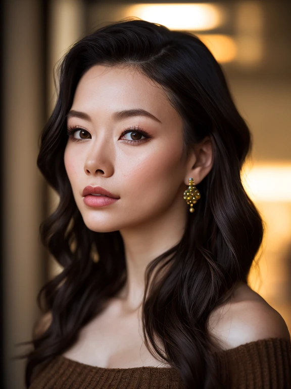Full face portrait photo of 25 year old European girl, RAW, beautiful woman, semi-open strawberry lip, dimples, indoor suits room , wistful expression, (brown hair with extra long wavy), ((detailed face)), ((detailed facial features)), (fine detailed skin), pale skin, cyberpunk megacity environment, (cool color), moist, damp, reflection, (masterpiece(Detailed details) shot with Canon EOS R5 (Realistic Photos) (Realistic Photos) (Detail) 50mm Lens, f/2.8, HDR, (8k) (Wallpaper) (Cinematic Lighting) (Dramatic Lighting) (Sharp Focus) (Complex), RAW Photography, RAW Photography, Gigachado Photography, Camera Pose, Back Arm, 8K UHD, DSLR, High Quality, Grain Film, Fujifilm XT3, Film Stock Photo 4 Kodak Portra 400 Camera F1.6 Lens Rich colors Ultra-realistic textures Dramatic lighting Unreal Engine Art Station Trends Cinestir 800 Tungsten, Toughboy Style, Ultra Focus Face, Intimidating, Black and Long Hair, Muscles, Bursting Veins, Beads, (half-opened minimalist off shoulder tightly transparent overall sweater )),