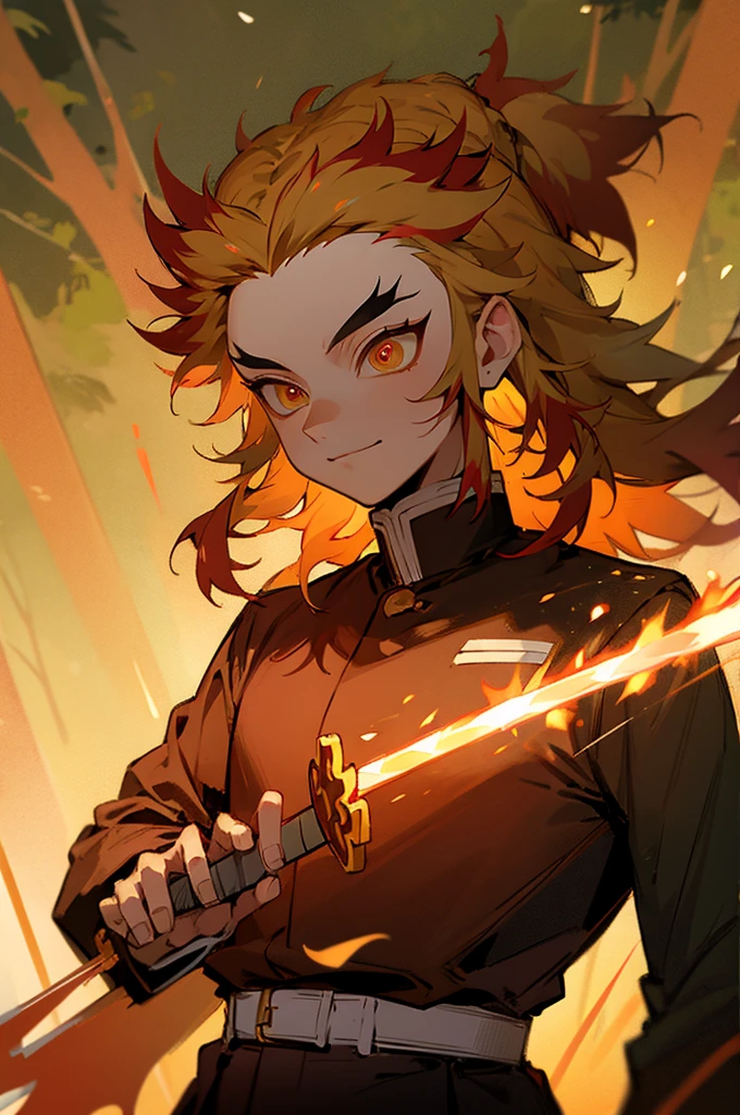 rengoku hair, demon slayer outfit, forest background, smirking, sword on hip, upper body, facing towards camera,