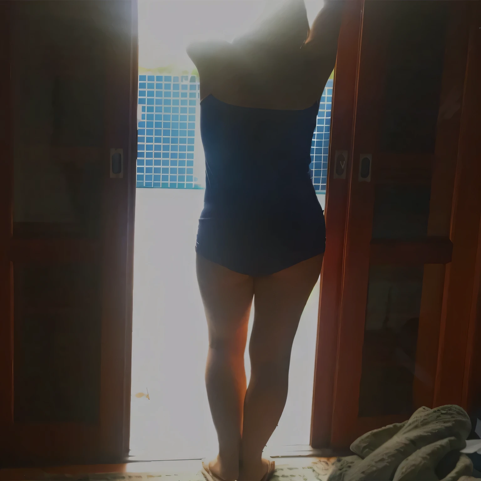 there is a woman in a bathing suit standing in front of a door, backlight body, back light, full body backlight, backlighted, back lit, backview, back - view, view from the back, is wearing a swimsuit, standing near a window, afternoon sunlight, looking outside, full growth from the back, backlight, with backlight