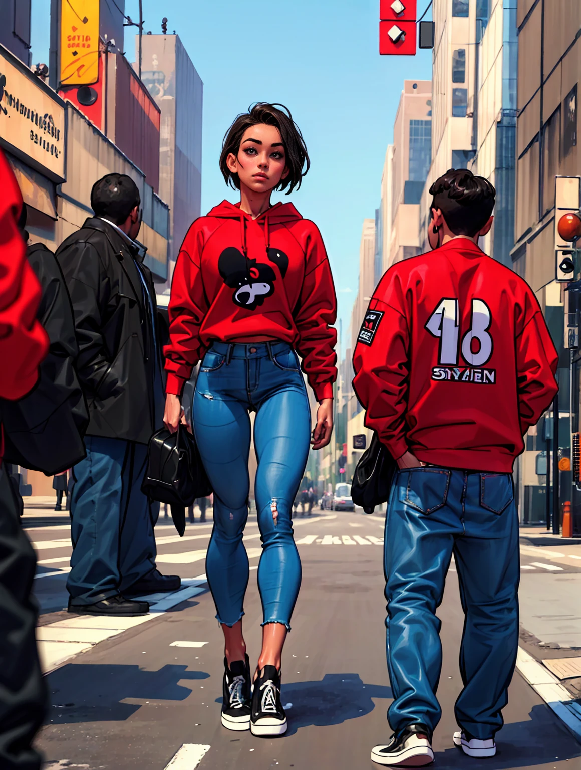 a boy, red sweatshirt, jeans, sneakers, walking through the streets of New York, wide shot, 16k, 8k, 1080P, HD, 4K, highres, best quality, anatomically correct, masterpiece, accurate