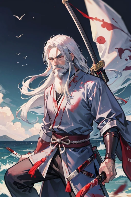 elder man, japanese swordsman, holding Katana, silver long hair, on the sea, blood eyes, beard, wrinkles, blood cothe, Raise your sword, Midjourney