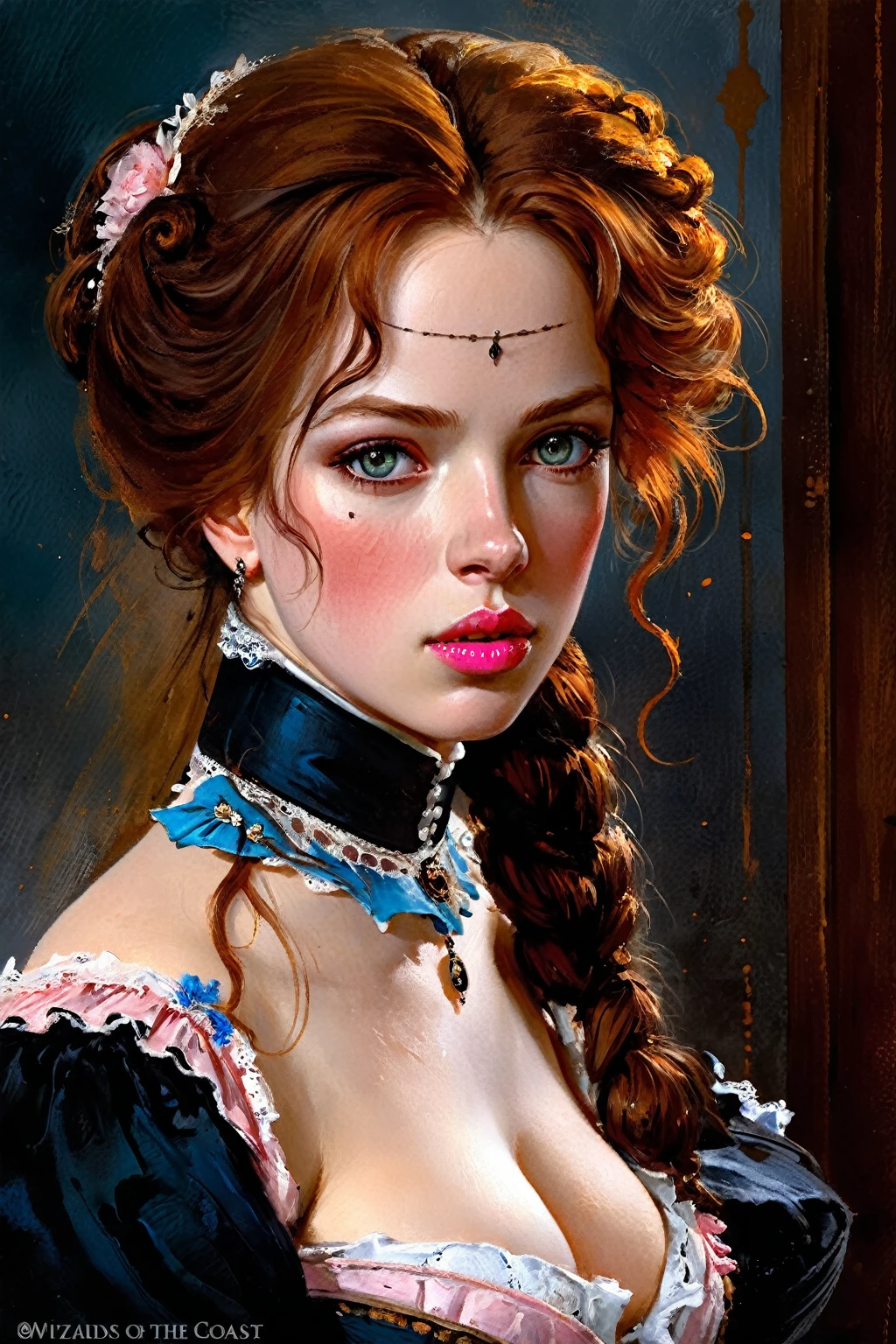 Victorian Hungarian women Women of the 18th century, Dark Ginger hair, Pink lips, Nice features, Wadim Kashin, James Gurney, ink, Splash Art, Amazing beauty, Royo, after sexing, Super detailed splash art modern European oil ink painting, Mid Gorgeous chests, Gorgeous Body, oil painting, very detailed Brigth Hazel eyes, Blush, Greg Rutowski.