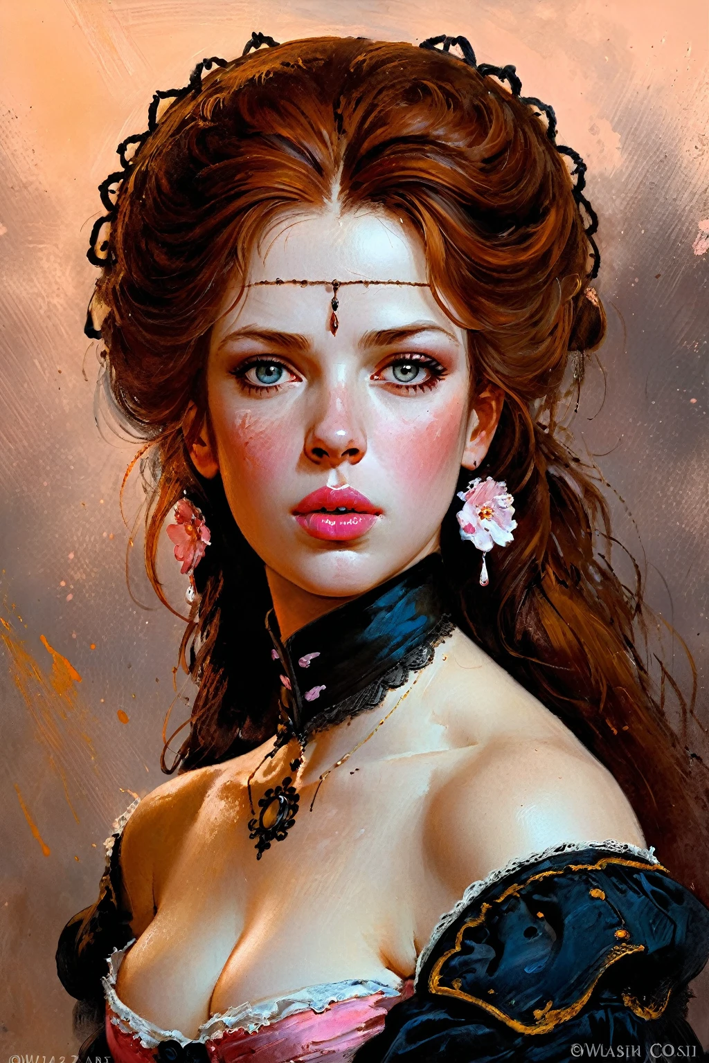 Victorian Hungarian women Women of the 18th century, Dark Ginger hair, Pink lips, Nice features, Wadim Kashin, James Gurney, ink, Splash Art, Amazing beauty, Royo, after sexing, Super detailed splash art modern European oil ink painting, Mid Gorgeous chests, Gorgeous Body, oil painting, very detailed Brigth Hazel eyes, Blush, Greg Rutowski.