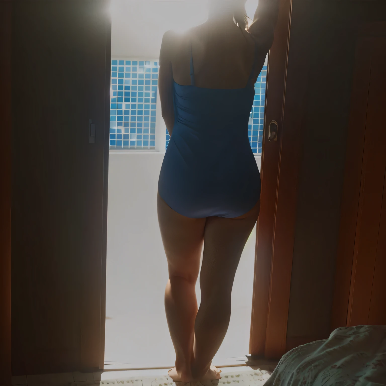 there is a woman in a bathing suit standing in front of a door, backlight body, back light, full body backlight, backlighted, back lit, backview, back - view, view from the back, is wearing a swimsuit, standing near a window, afternoon sunlight, looking outside, full growth from the back, backlight, with backlight