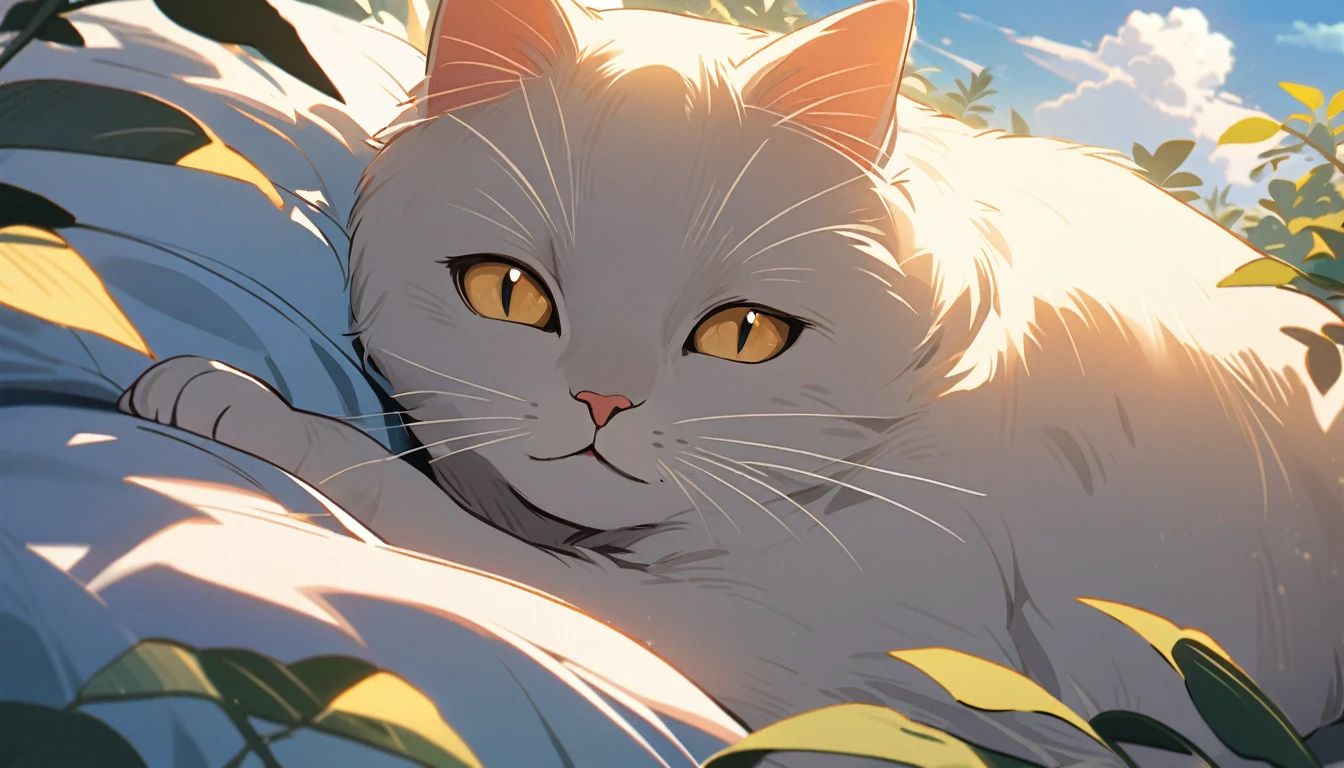 A serene masterpiece capturing a solo cute cat lounging in a tranquil natural setting. The camera frames the cat's majestic face and curled body, bathed in soft golden light filtering through leafy branches. The cat's eyes are closed in deep relaxation, surrounded by lush greenery and a few wispy clouds drifting lazily across a blue sky.