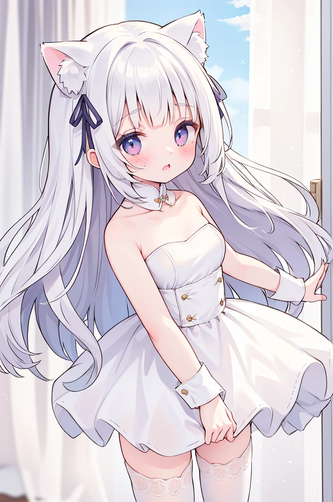beautiful girl, cute, young, small limbs, short fingers, Big Breasts, Embarrassed face, large ribbon on the head, Thin and light clothing, dress, Sheer white lace tights, Thin, sheer white tights、Symmetrical eyes, whole body, Put your arms behind your back, naked，Cat ear，Long white hair