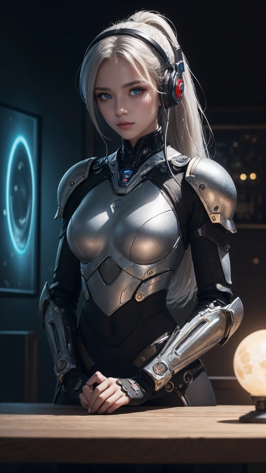 Stock Quote Mechanism, beautiful eyes, Upper Body, (Mechanical Armor), portrait、abyss、Shoot with a wide-angle lens,Lightning in kaleidoscope hand、Flying through the air、Flawless、Neon, 8K, Raw, best quality, On the table, Ultra-high resolution, rich and colorful, (Medium wide angle lens), (Dynamic perspective), Sharp focus , (Depth of Field, Bokeh:1.3), Extremely detailed eyes and face,Ninja Master, Beautiful and delicate eyelashes gold, Trimming gears:1.2), ((On the table, best quality)), Detailed background, Spacecraft interior、Hold your weapon、(White hair)、blue eyes、Ponytail、dirty、Bioluminescence、many new moons、Shot with Canon R5、Dark Fantasy,masterpiece,Connected to plug、spectrum、Space City、HVery detailed beautiful porcelain profile female android face、Complex 3D rendering of headphones、robot、Component、150 mm、Beautiful Studio Soft Lights、Rim Light、Vivid details、Luxury Cyberpunk、Ren Hao、Hyper-realistic main section、Facial muscles、Cable microchip、elegant、Beautiful background、Get down on one knee、Octan Rendering、HR Giger style、8K、Top quality、masterpiece、Implications、Extremely refined、Very detailed、nffsw ,Unite ,wall-,Gorgeous, Attention to detail, masterpiece,Top quality,Official Art,HVery detailed ticker Unite 8K wallpapers、、Silver beads