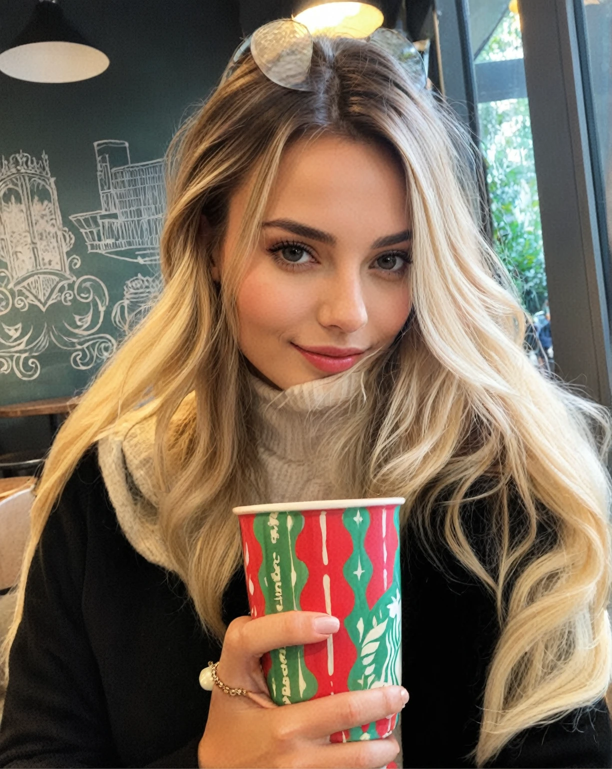 Araffe woman with long blonde hair holding a cup of coffee., Sidney Sweeney, Style of Julia Razumova, brunette with dyed blonde hair, Instagram Template, Portrait Sophie Mudd, paloma cameron in a knight's armor, Beautiful nordic woman, long blonde hair and big eyes, teen elf girl, profile picture, Long blonde hair and blue eyes.