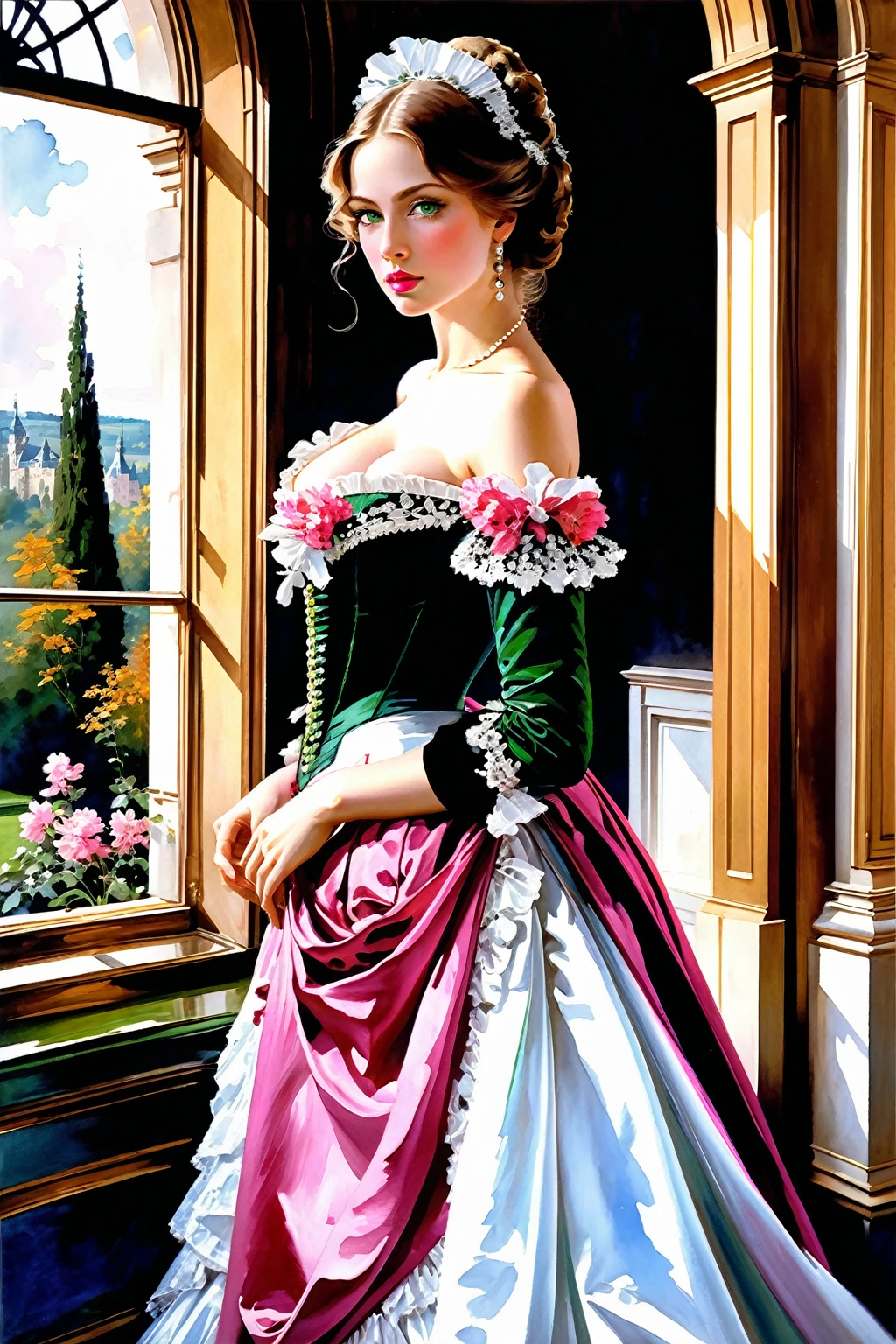 Victorian Hungarian women, solo, Women of the 18th century, Gorgeous Long Hazel hair, Pink lips, Nice feature, Very Elegant Victorian Dress, Wadim Kashin, james gurney, ink, Splash Art, Amazing beauty , Royo, after sexing, Super detailed splash art modern European oil ink painting, Mid Gorgeous Breasts, Gorgeous Body, oil painting, Very detailed Bright Turmaline Green eyes, Blush, Greg Rutowski, (no NSFW image), full body view image, in a gorgeous Castel Garden.
