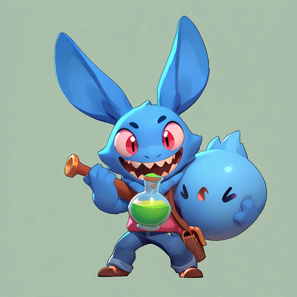 Full body view from a round creature with blue fur, male, long ears, smiling, sharp teeth, wearing jeans, friendly round creature, holding a green potion in his hand