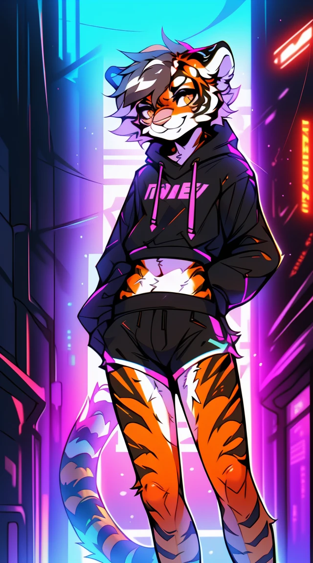 (Fluffy tiger:1.5), (1 character:1.4),author: spuydjeks, , slim, skinny, small waist, high detail, Detailed art style, (sly smile:1.4), Thick hair, , short shorts, full length, Perfect body, (1 boy:1.5), (Body like a girl:1.4), Cyberpunk, , leg braces, in a sweatshirt, fluffy ears and tail