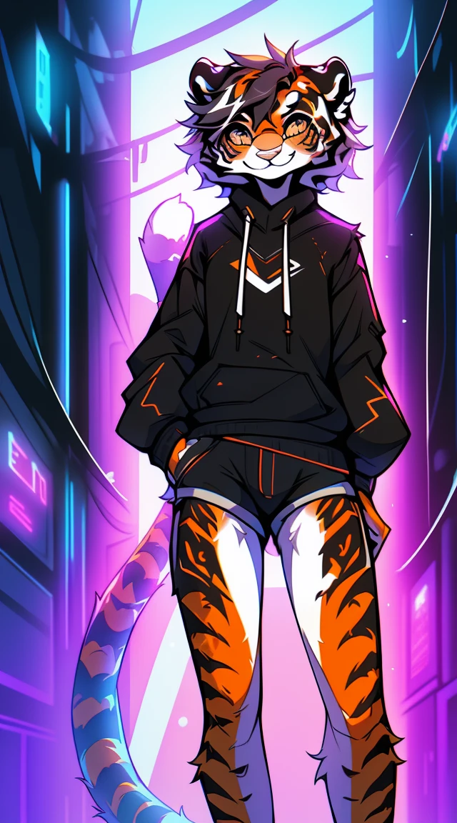 (Fluffy tiger:1.5), (1 character:1.4),author: spuydjeks, , slim, skinny, small waist, high detail, Detailed art style, (sly smile:1.4), Thick hair, , short shorts, full length, Perfect body, (1 boy:1.5), (Body like a girl:1.4), Cyberpunk, , leg braces, in a sweatshirt, fluffy ears and tail